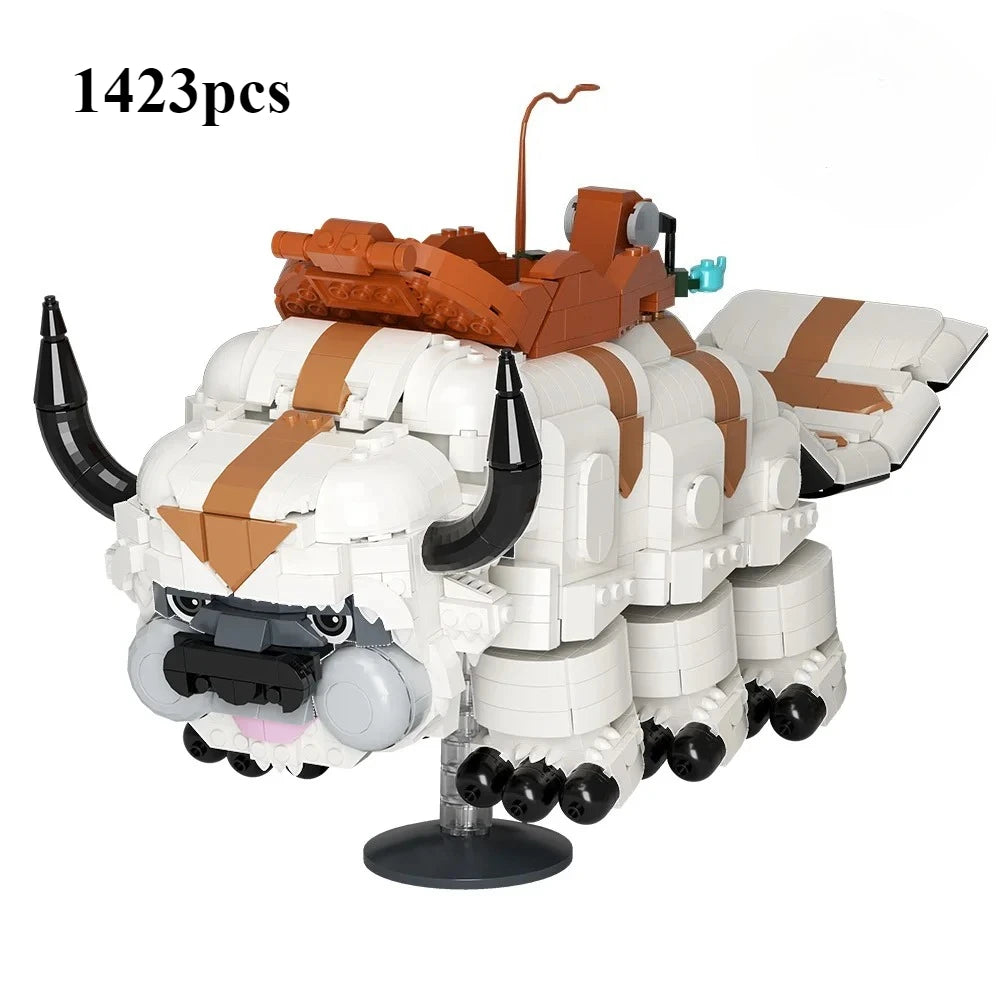 A large white and orange building block model of a flying bison creature.