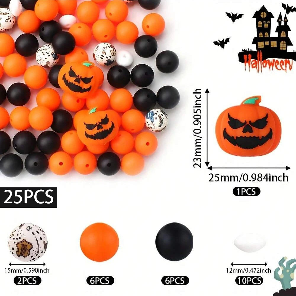 A set of 25 silicone Halloween-themed beads and spherical beads for jewelry and crafting.