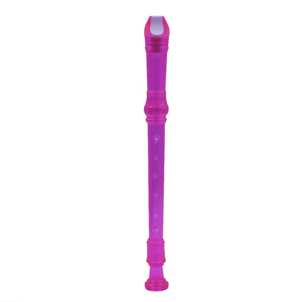 A pink transparent ABS recorder flute with an eight-hole design.