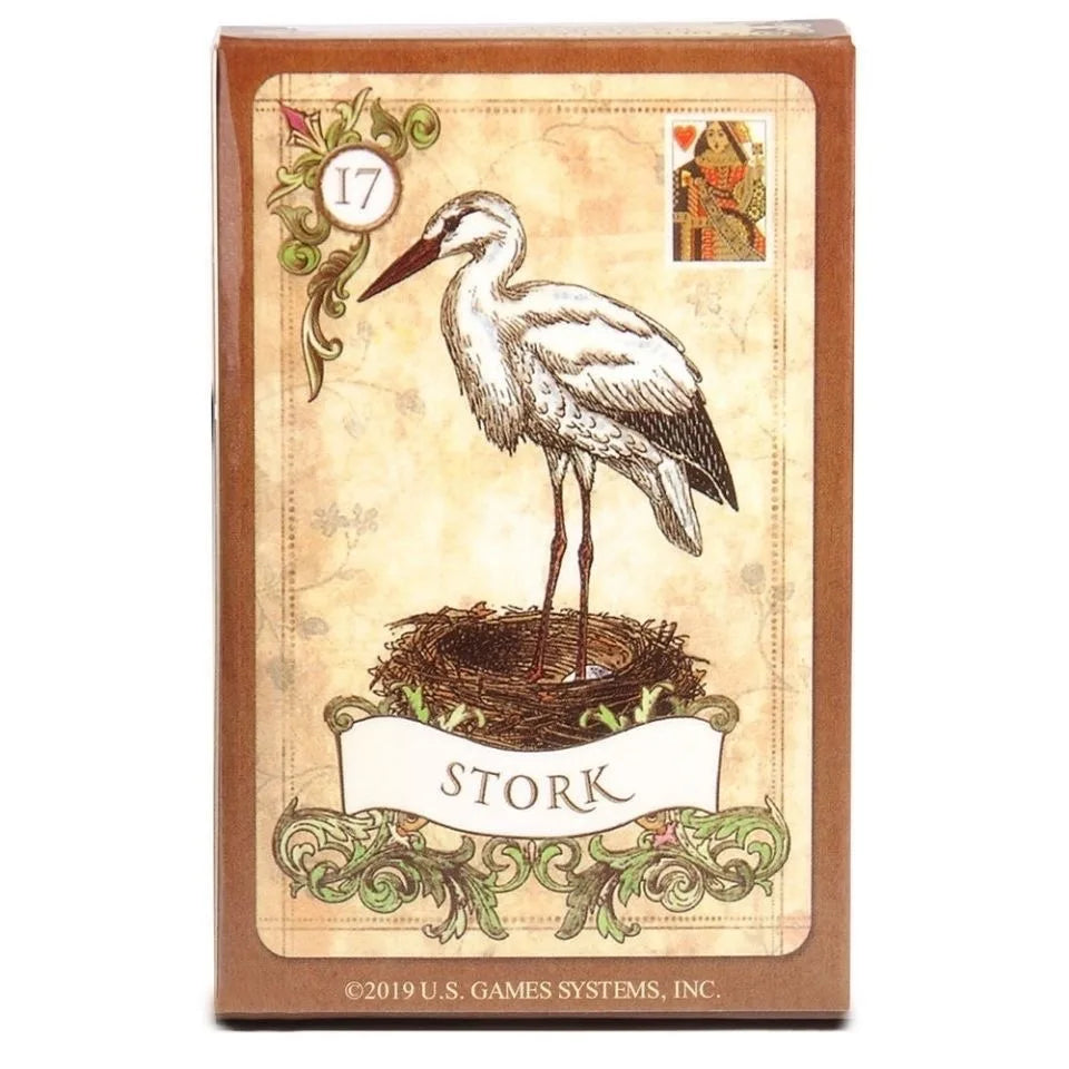 A vintage Lenormand fortune-telling card featuring a stork illustration and the name Stork on a brown background.