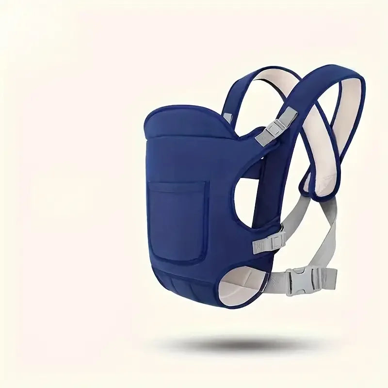 A navy blue all-season multi-position baby carrier sling with light beige straps.
