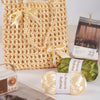 A set of nine-color satin ribbon yarn for hand weaving and bag making displayed next to a woven bag.