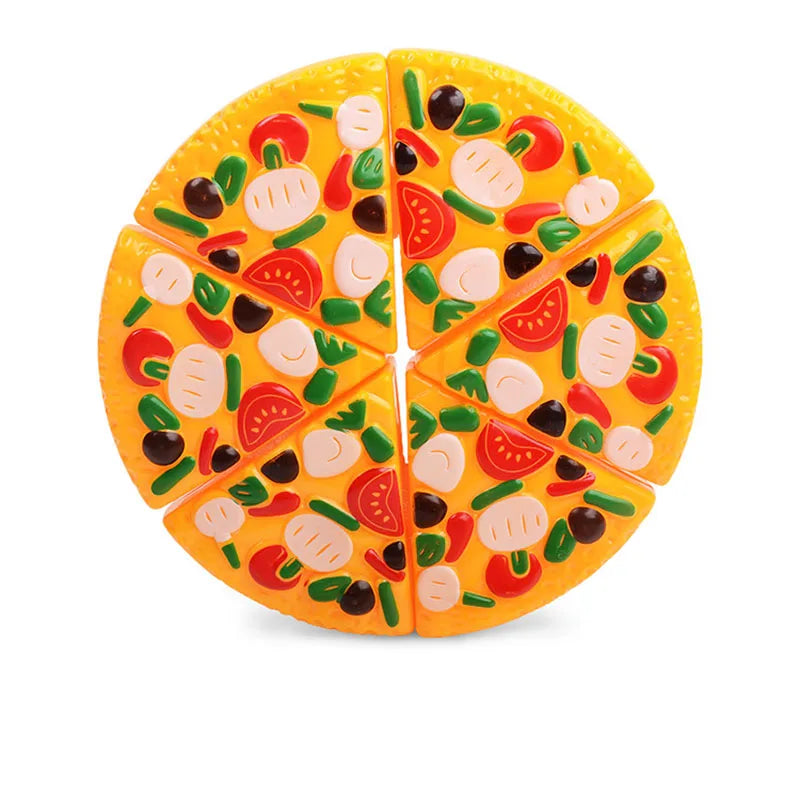 A round pizza-shaped food display featuring colorful sliced fruits and vegetables for pretend play.