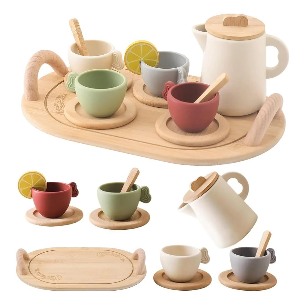 A wooden pretend play tea party set featuring various cups and a teapot on a wooden serving tray.