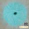 A close-up of light turquoise long-haired alpaca blend yarn showing a circular ball of fiber.
