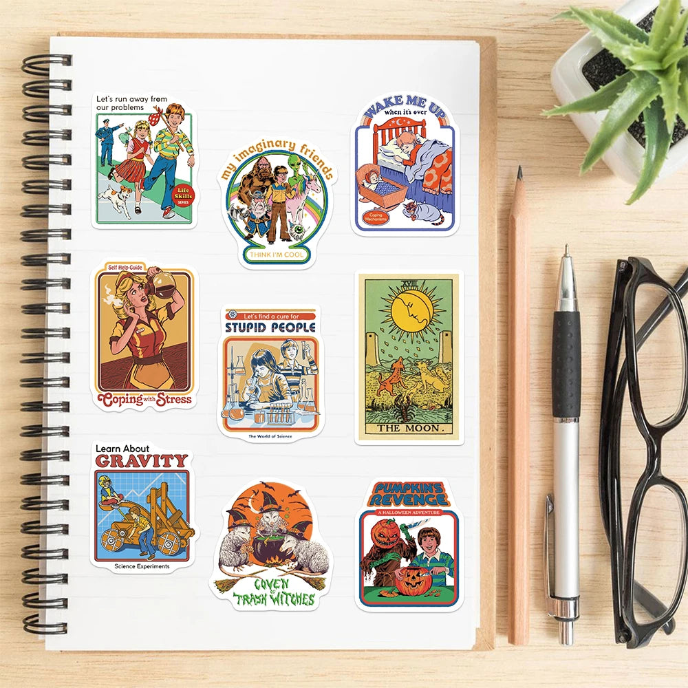 A set of 10 colorful retro food art stickers featuring characters and scenes for decoration.