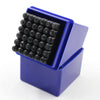 A blue box containing a 36-piece carbon steel number and letter stamping set.