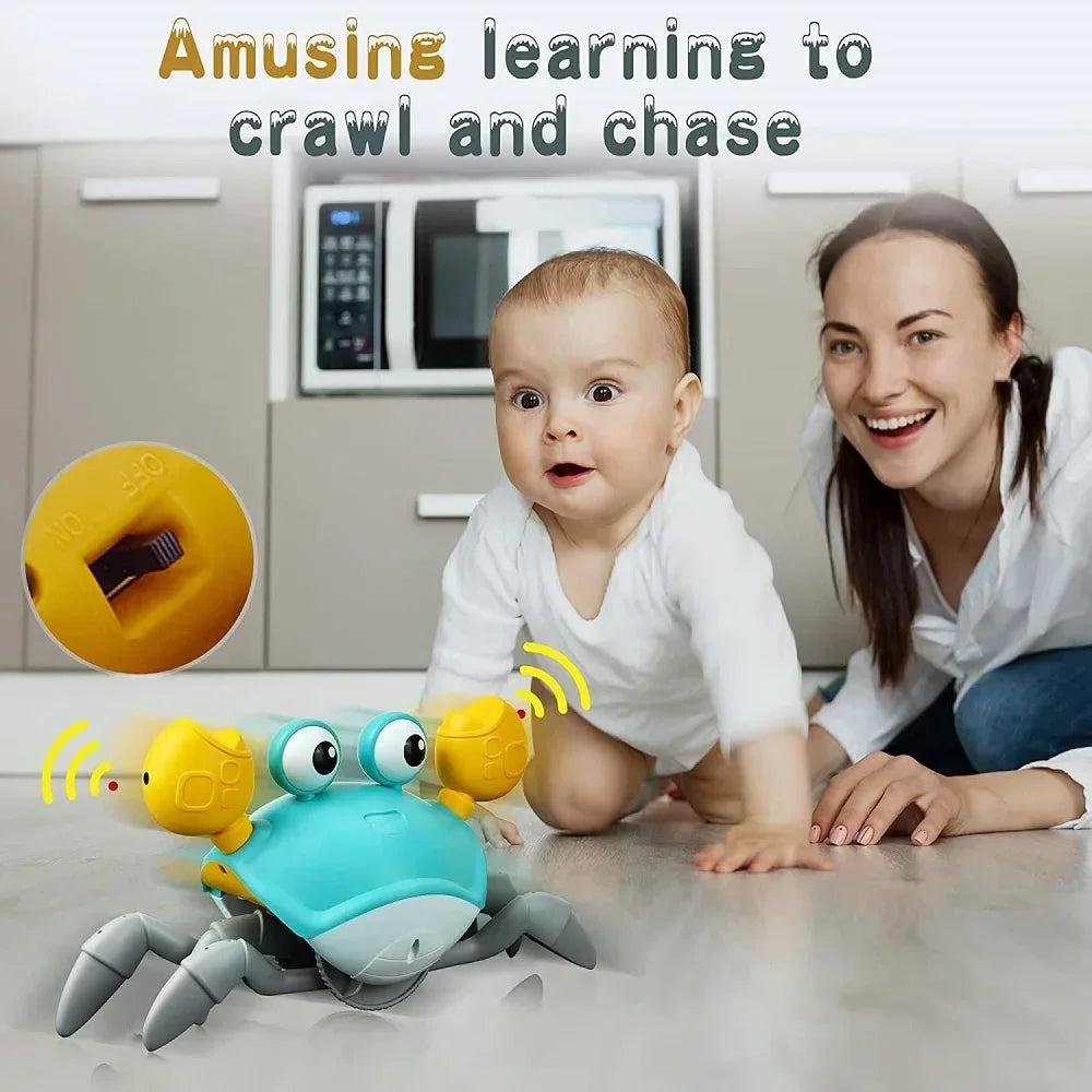 A baby is interacting with a yellow and blue crab toy designed for learning to crawl and chase.