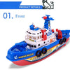 Front view of a blue and red electric marine rescue boat toy with lights and water spraying features