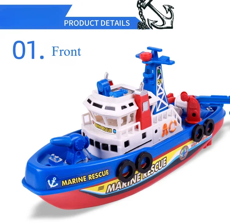 Front view of a blue and red electric marine rescue boat toy with lights and water spraying features