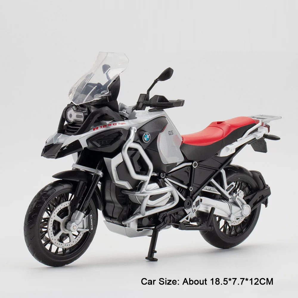 A 1:12 scale diecast motorcycle model with lights and suspension in black, white, and red colors.