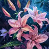 Close-up of pink and purple lily flowers with water droplets on lush green leaves.