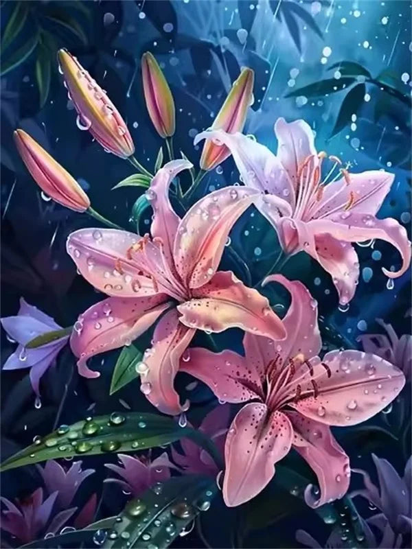 Close-up of pink and purple lily flowers with water droplets on lush green leaves.