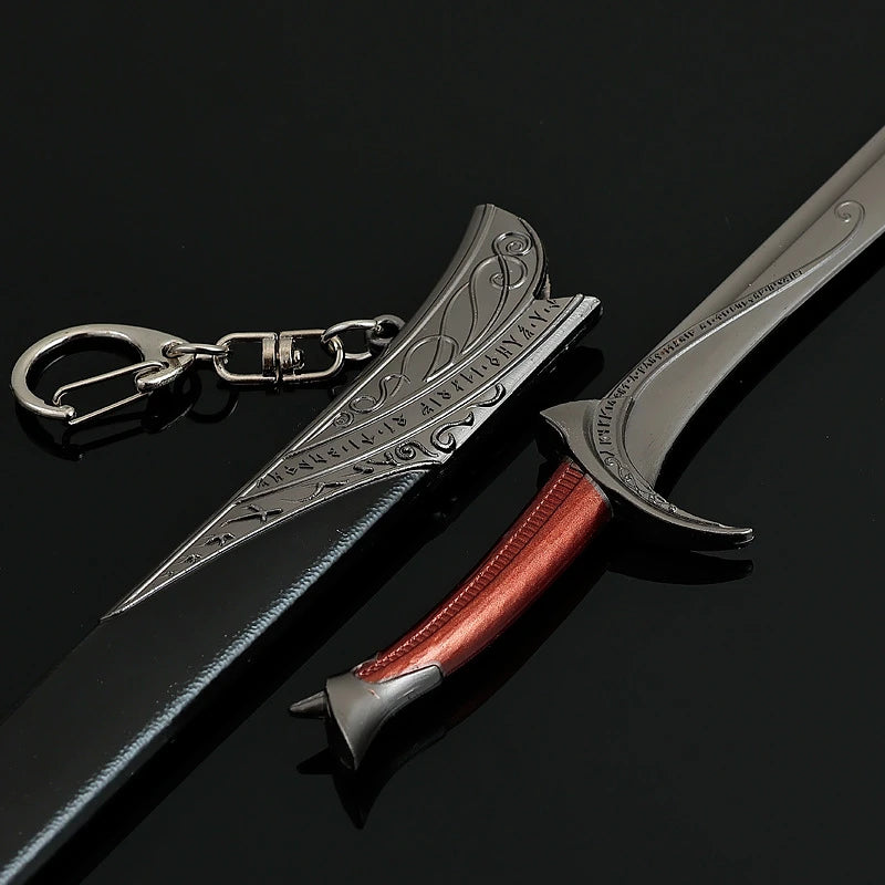 A detailed replica of Orcrist sword, a metal collectible, featuring an ornate hilt and a leather grip.