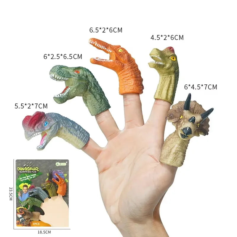A hand holds various dinosaur finger puppets, including a T-Rex and a Triceratops, demonstrating their size.
