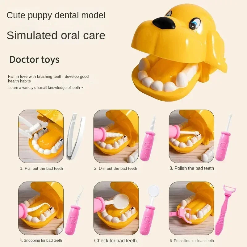 A yellow puppy dental model toy set showing various tools for simulated oral care.