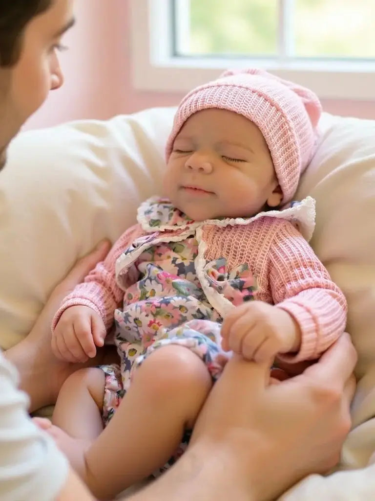 A close-up of a baby sleeping peacefully in a pink knitted hat, being held by an adult.