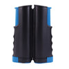 A pair of black retractable table tennis net set with paddles and balls, featuring blue accents.