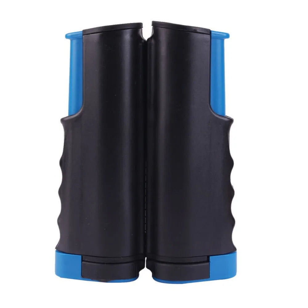 A pair of black retractable table tennis net set with paddles and balls, featuring blue accents.