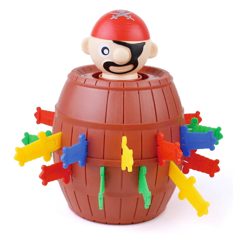 A pirate barrel game featuring a head and various colored plastic sword-like pieces.