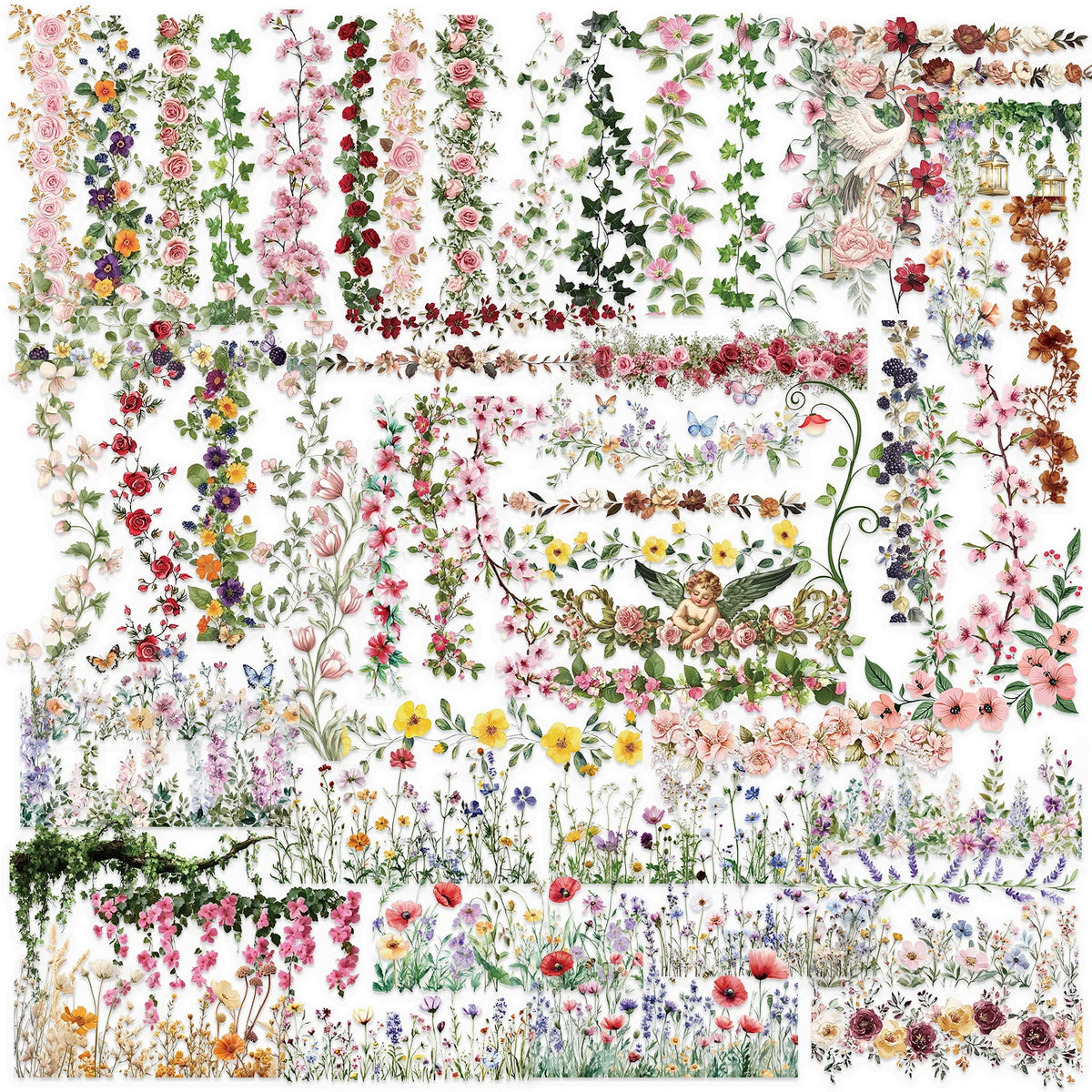 A detailed watercolor illustration of floral lace patterns featuring roses and morning glory vines in various shades of pink,