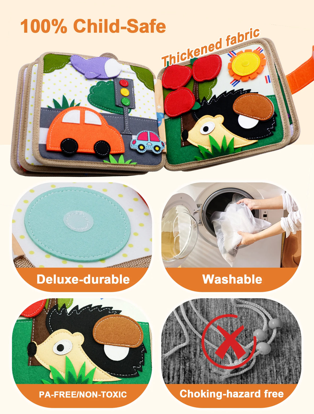 A felt busy board with various activities including a car, a lion, and a fabric that is washable and choking-hazard free
