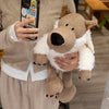 A person holds a soft brown and white plush toy resembling a wolf in sheep's clothing.