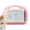 A pink magnetic drawing board for kids with an ABC grid and a purple pencil.