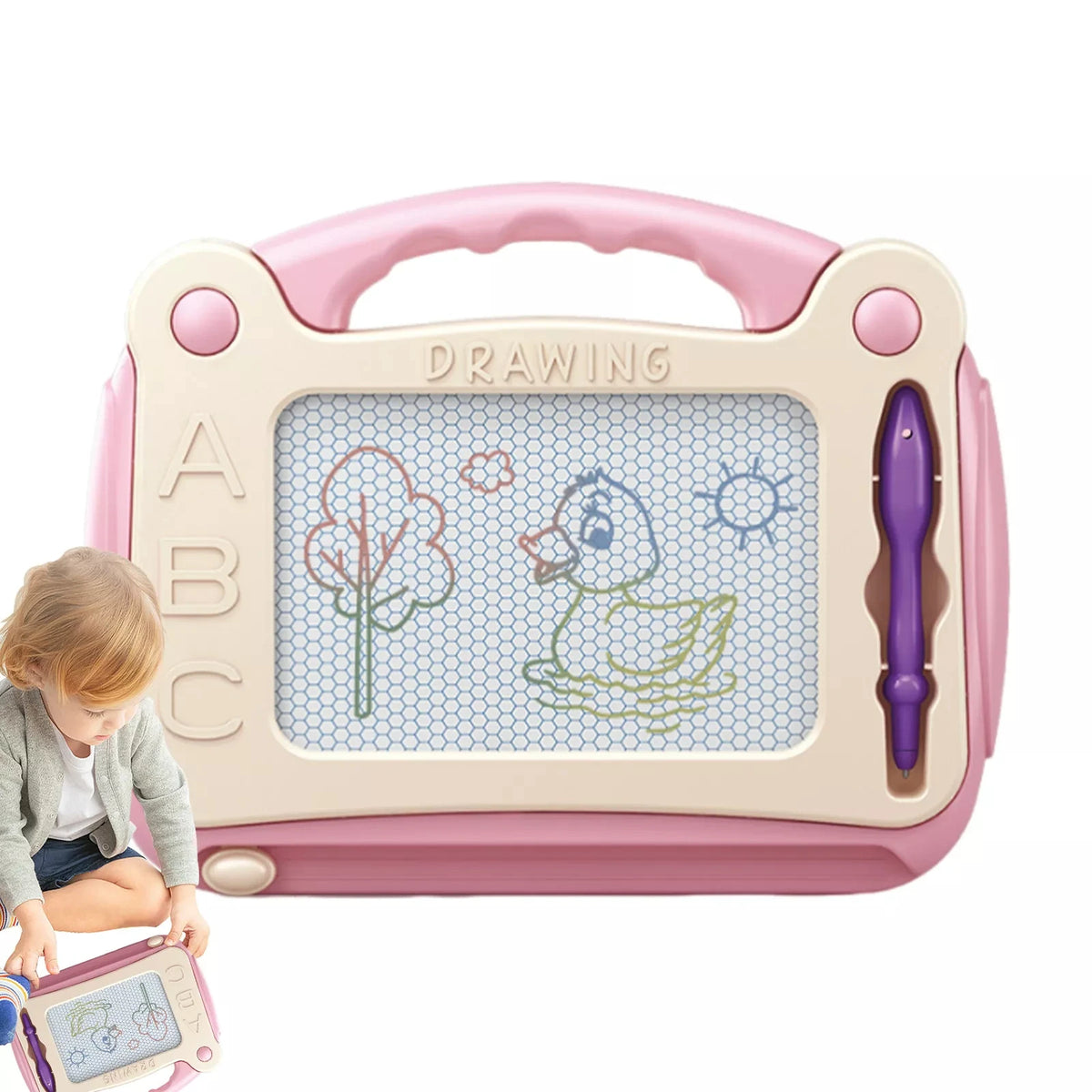 A pink magnetic drawing board for kids with an ABC grid and a purple pencil.