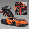 Orange Lamborghini Essenza SCV12 diecast model car with a removable spoiler and sound features
