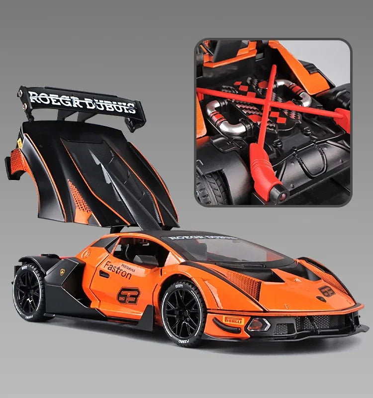 Orange Lamborghini Essenza SCV12 diecast model car with a removable spoiler and sound features