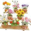 A collection of colorful crocheted potted plants and flowers displayed on a wooden shelf.