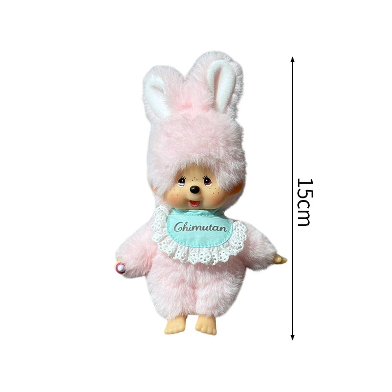Pink bunny plush cartoon keychain charm with a light blue collar and white trim