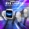 A white interactive robot dog with blue glowing eyes is shown in a futuristic setting.