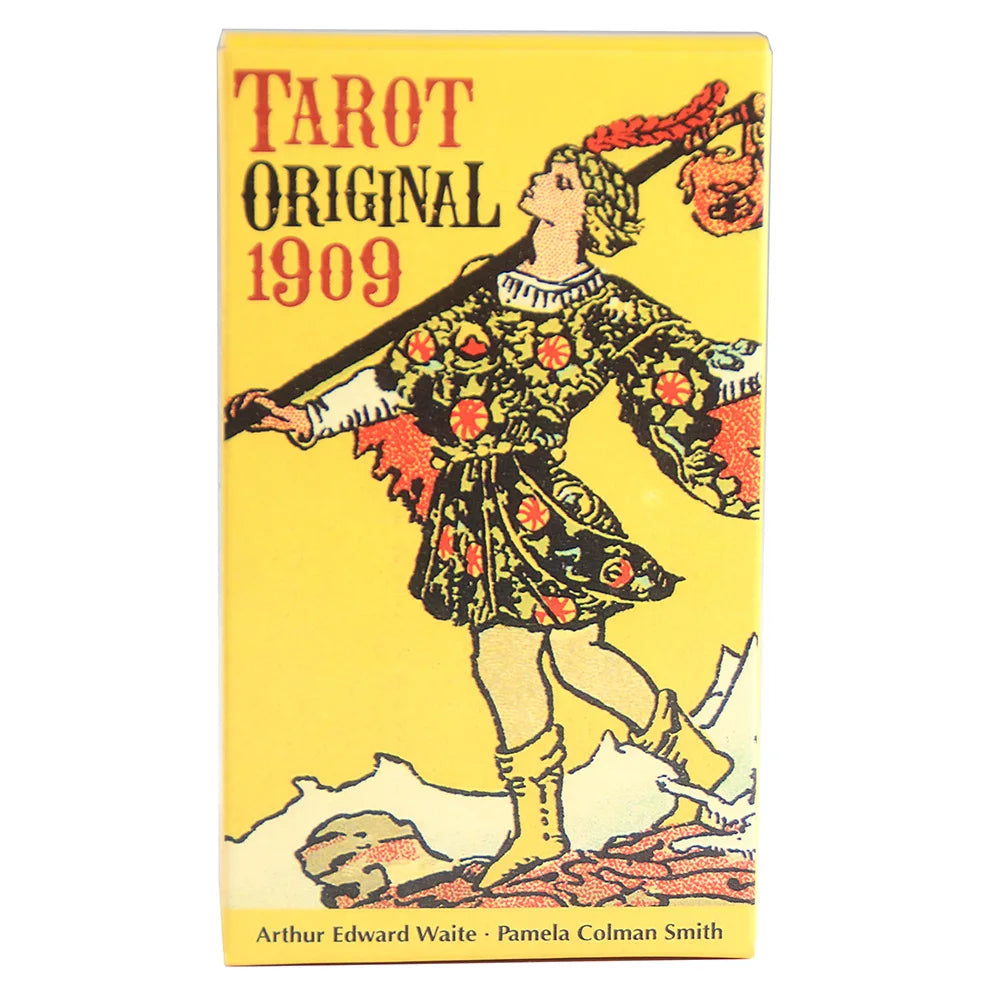 A vintage tarot card featuring a figure in ornate clothing and a staff, with the text TAROT ORIGINAL 1909.