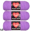 Three skeins of purple Super Soft yarn labeled GOVD YARN are displayed for crochet and knitting.