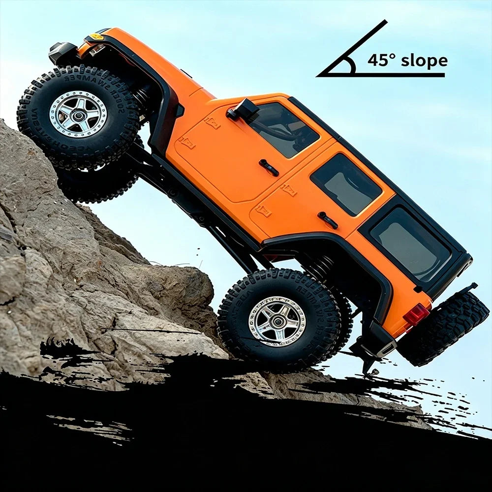 Orange 1:18 scale RC Jeep climbing a 45 degree slope on a rocky surface.