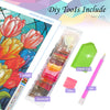 Diamond painting kit includes canvas, paint, glue, and a pen for creating art.