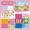A colorful busy book for toddlers featuring various sticker and matching activities on a pink background.