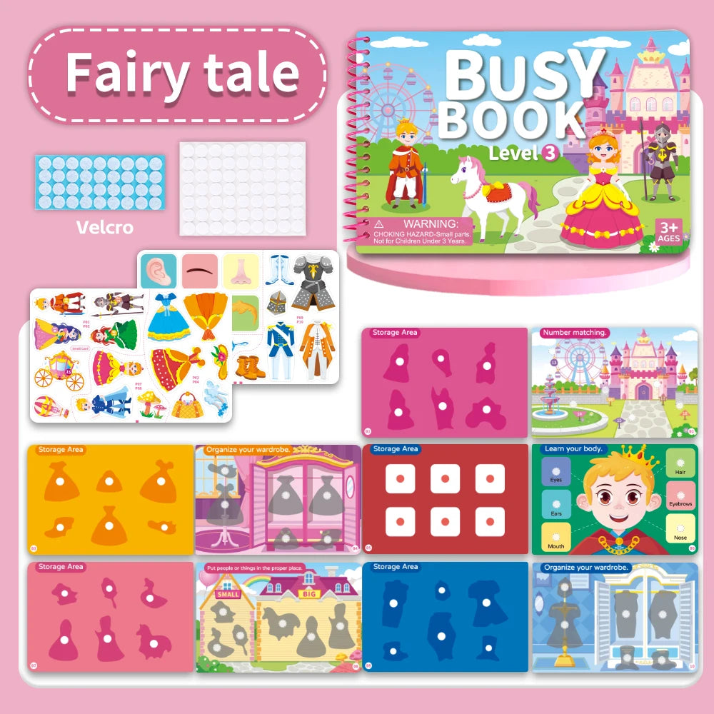 A colorful busy book for toddlers featuring various sticker and matching activities on a pink background.