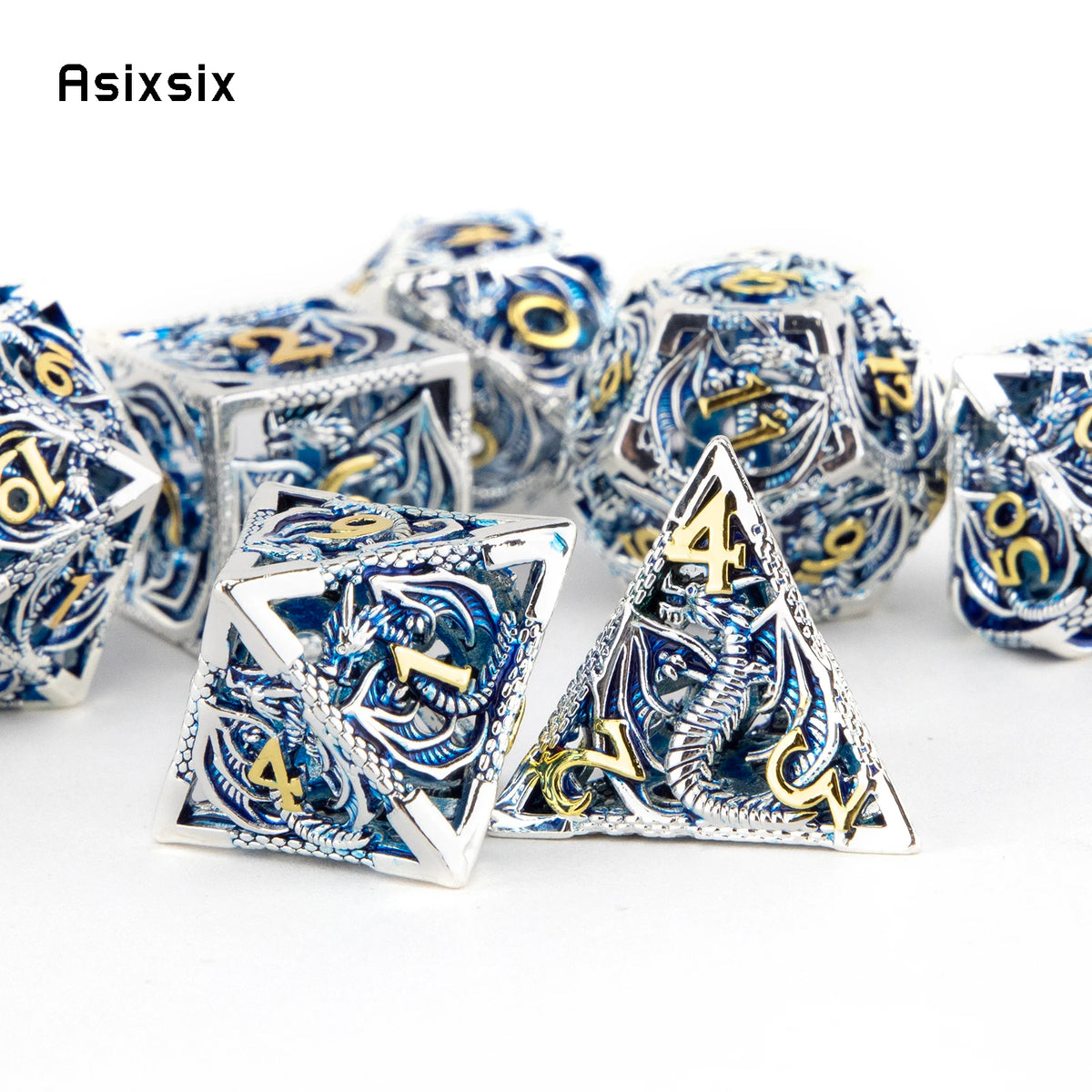 Hollow Metal Polyhedral Dice Set with Blue Dragon Design