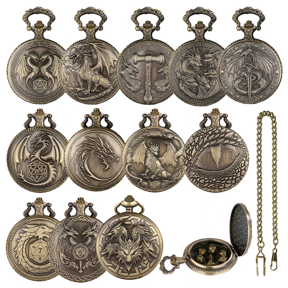 A collection of steampunk dragon pocket watch dice cases and a gold-plated watch case with an open lid.