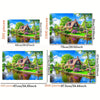 A scenic wooden jigsaw puzzle depicting a Dutch village scene with water, greenery, and houses.