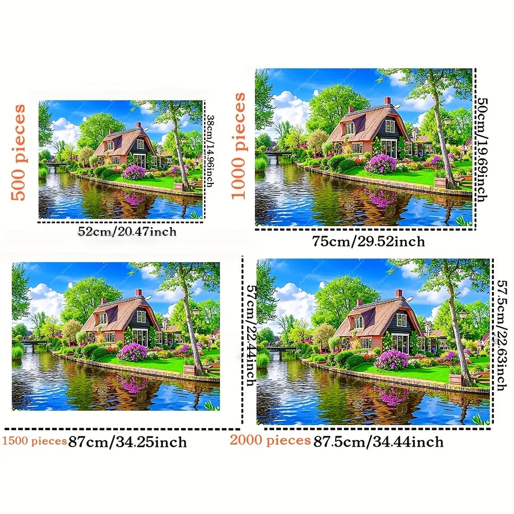 A scenic wooden jigsaw puzzle depicting a Dutch village scene with water, greenery, and houses.