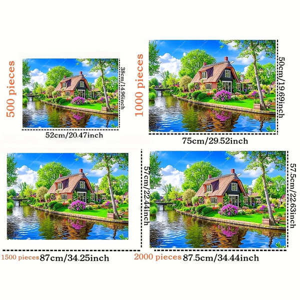 Puzzle en bois représentant un village hollandais avec eau, verdure et maisons.