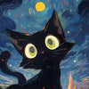 A black cat with large green eyes is silhouetted against a dark blue, starry night sky.