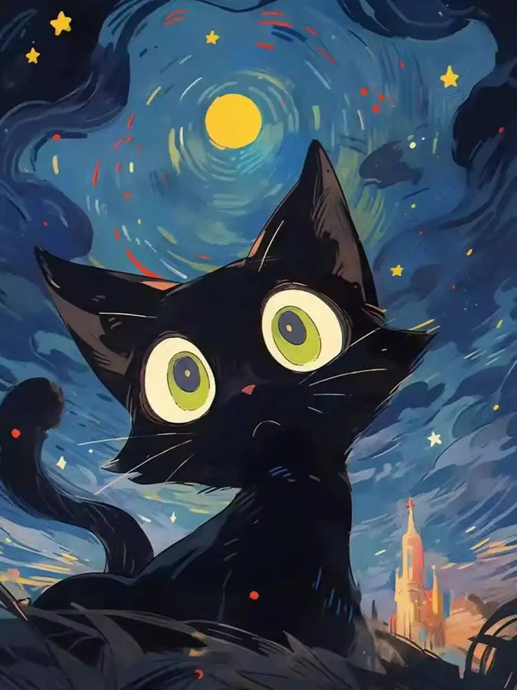 A black cat with large green eyes is silhouetted against a dark blue, starry night sky.