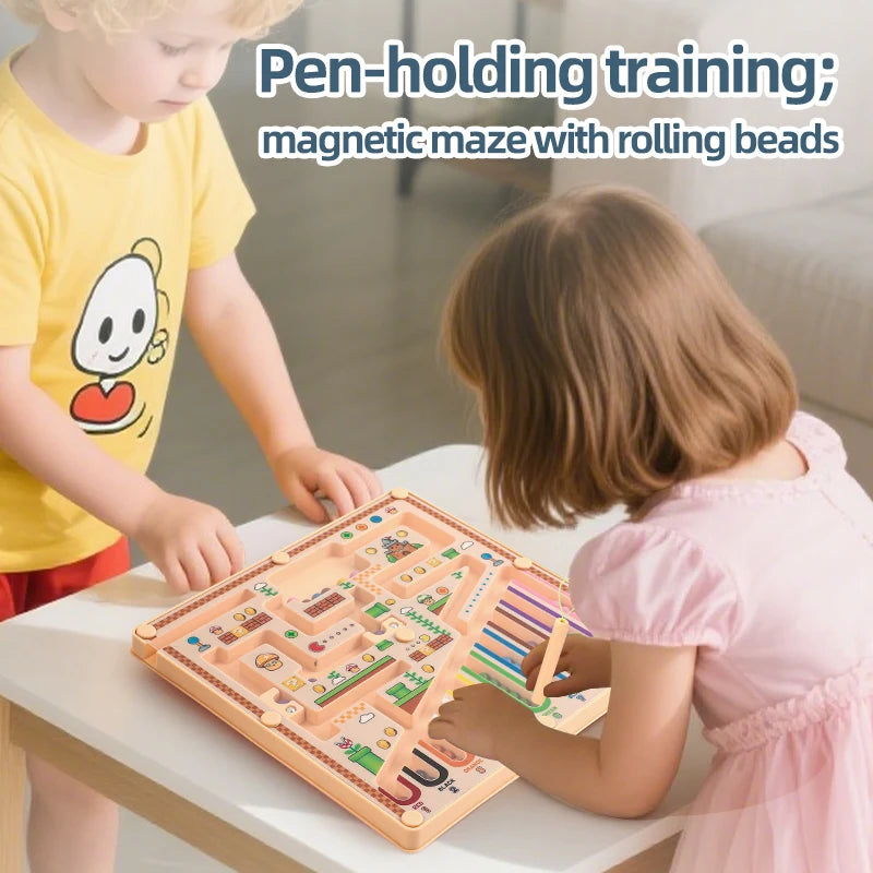A young girl is playing with a wooden magnetic maze featuring rolling beads on a table.