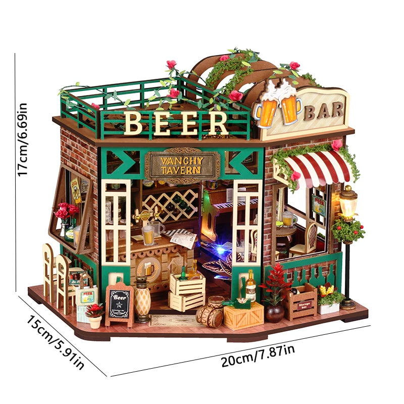 A miniature dollhouse kit depicting a rustic beer bar with wooden furniture and warm lighting.