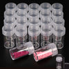 A collection of clear plastic storage bottles for diamond painting beads and crafts, including small vials filled with pink b